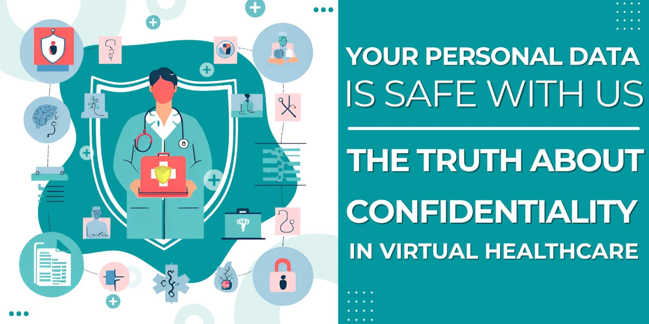 Secure virtual healthcare interface showing end-to-end encryption lock icon on patient data