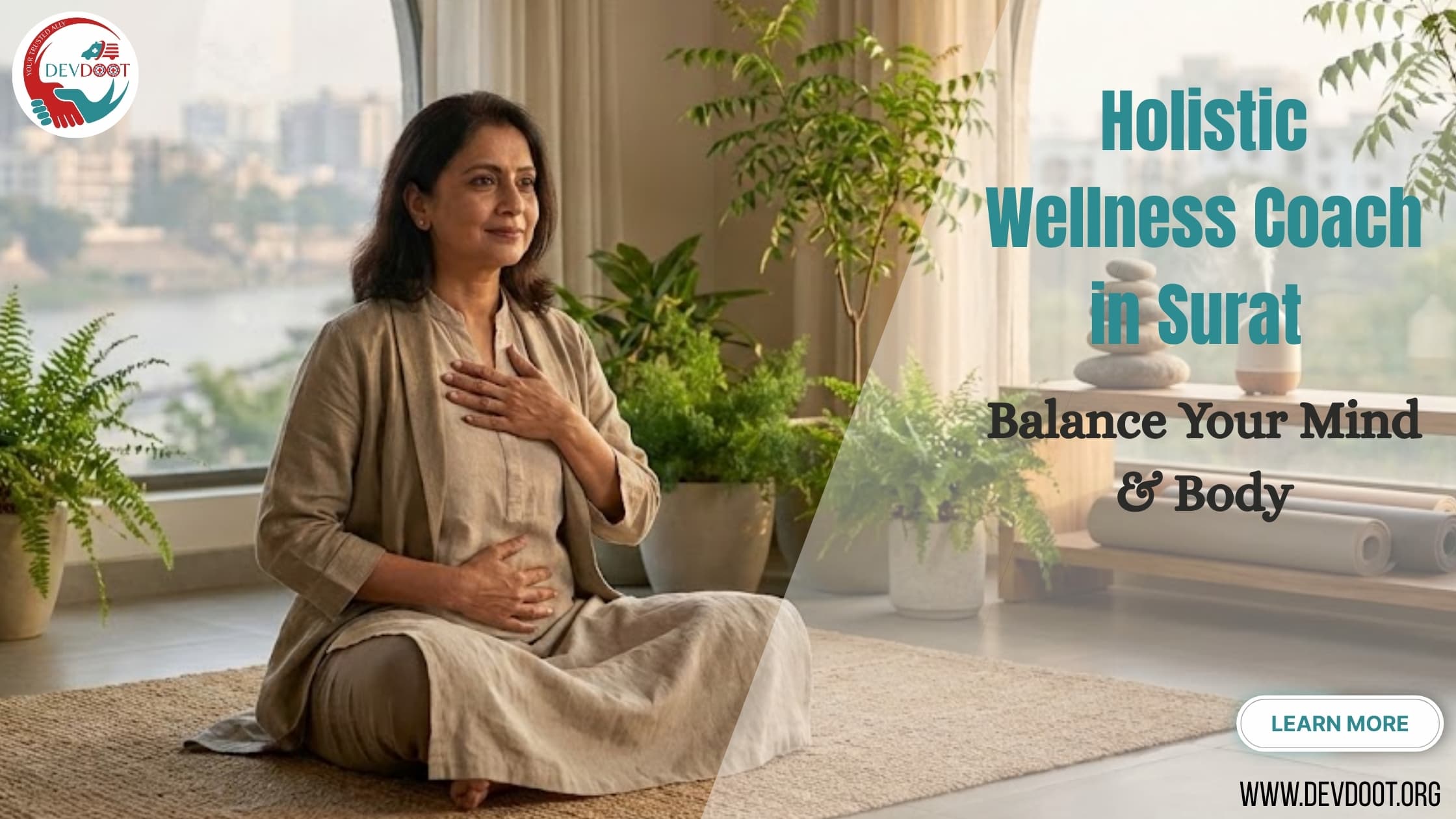 Devdoot certified holistic wellness coach conducting a virtual consultation for a professional in Surat via laptop.