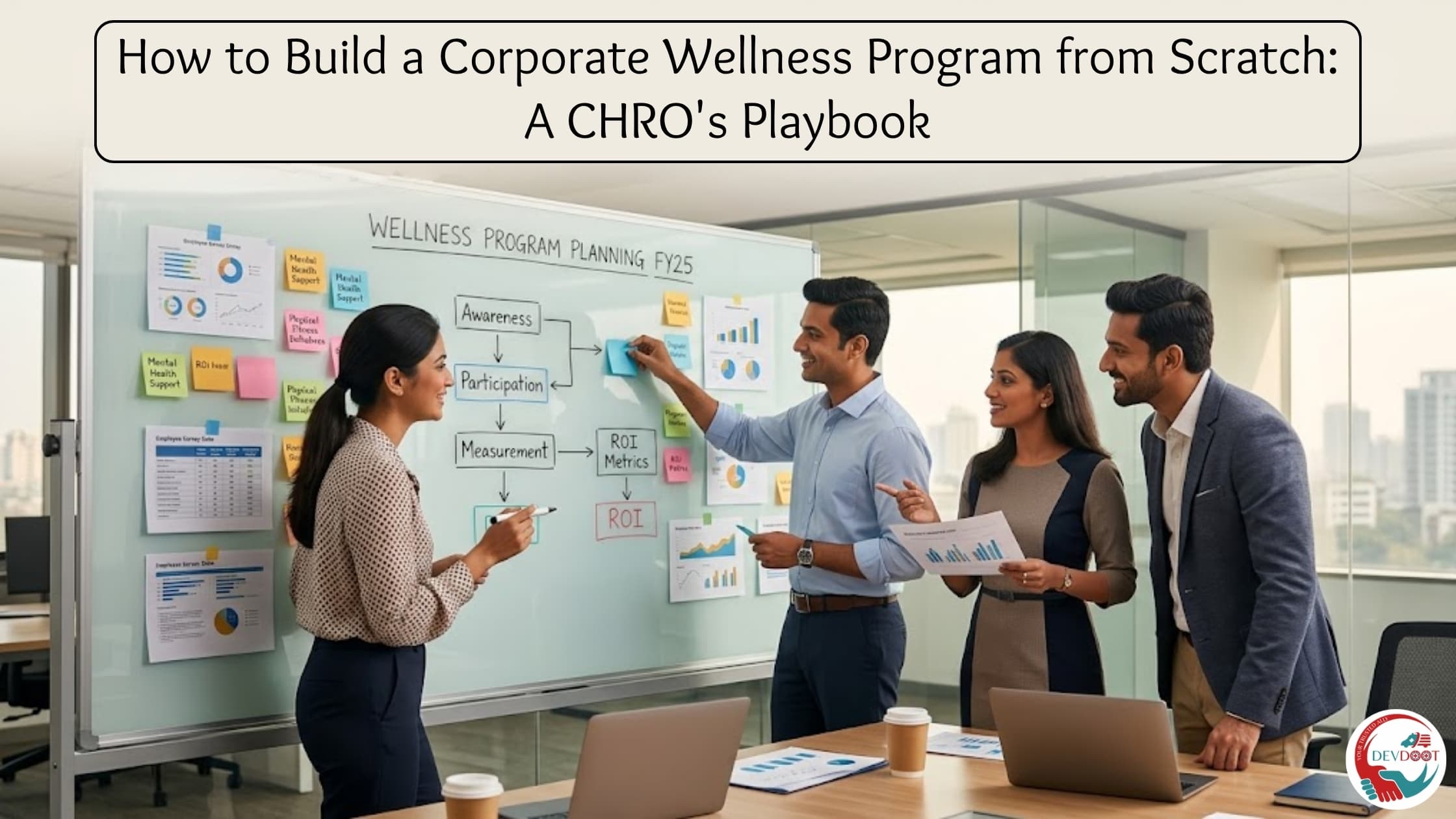 Indian HR team planning corporate wellness program on whiteboard in modern office