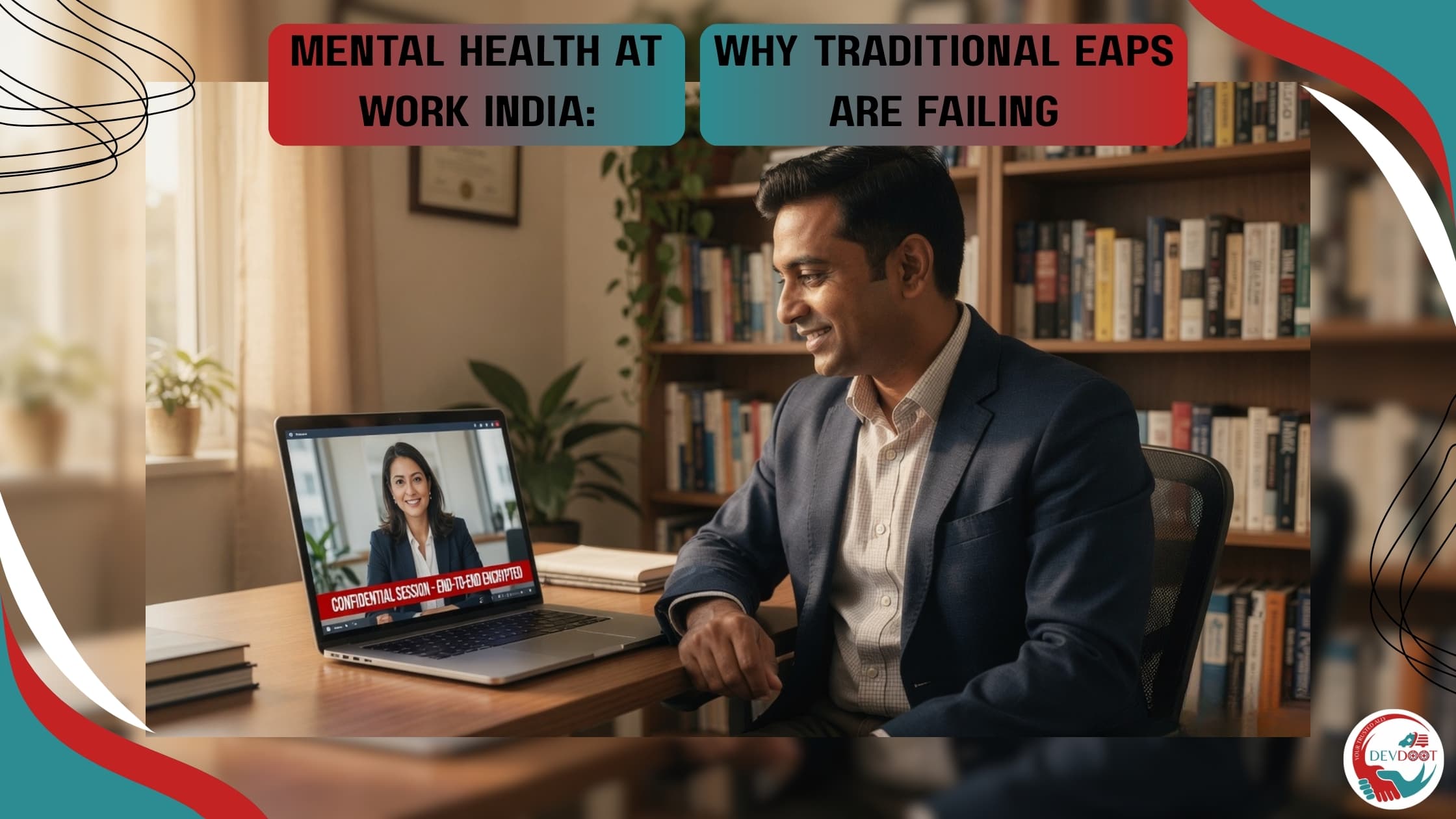 Indian employee participating in digital mental health counseling session via laptop at home