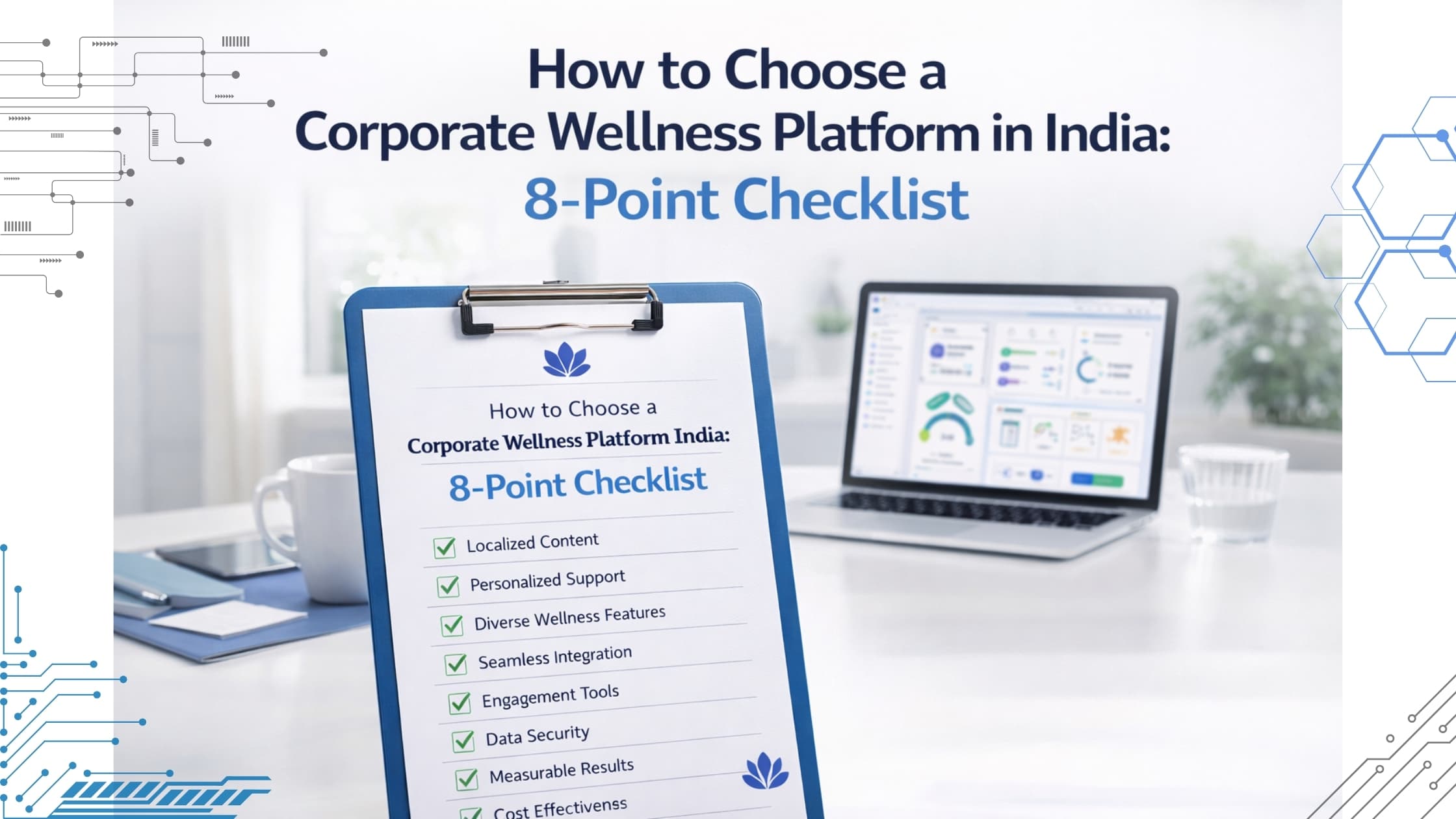 Corporate wellness platform evaluation checklist on clipboard with laptop showing wellness dashboard