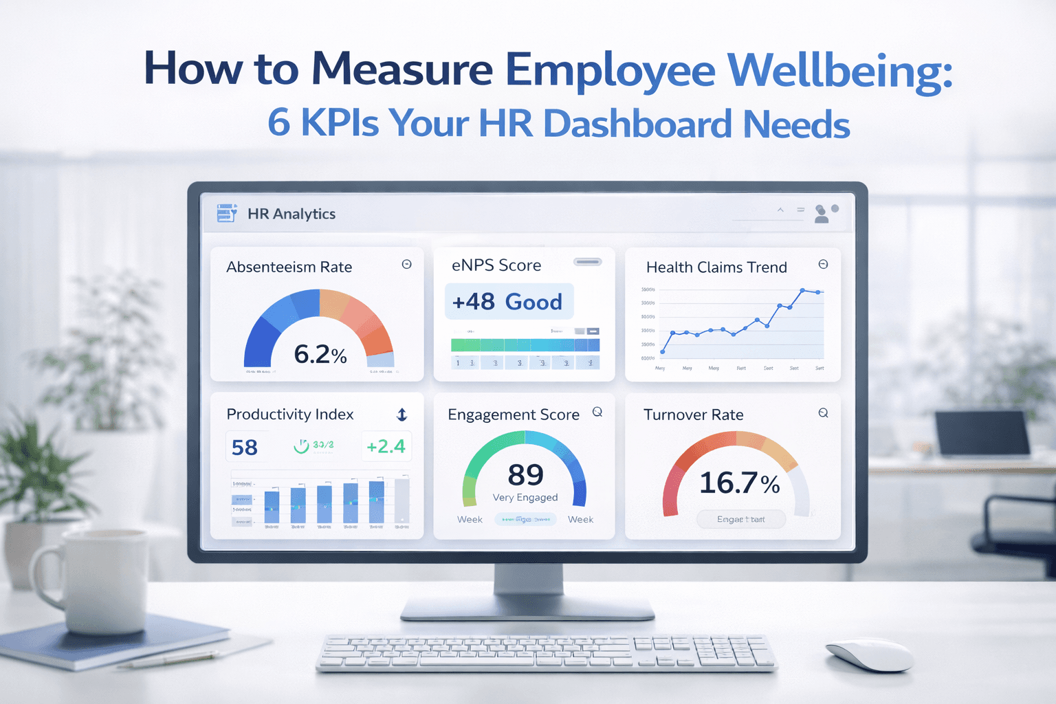HR dashboard showing 6 employee wellbeing KPIs including absenteeism, eNPS, and productivity metrics
