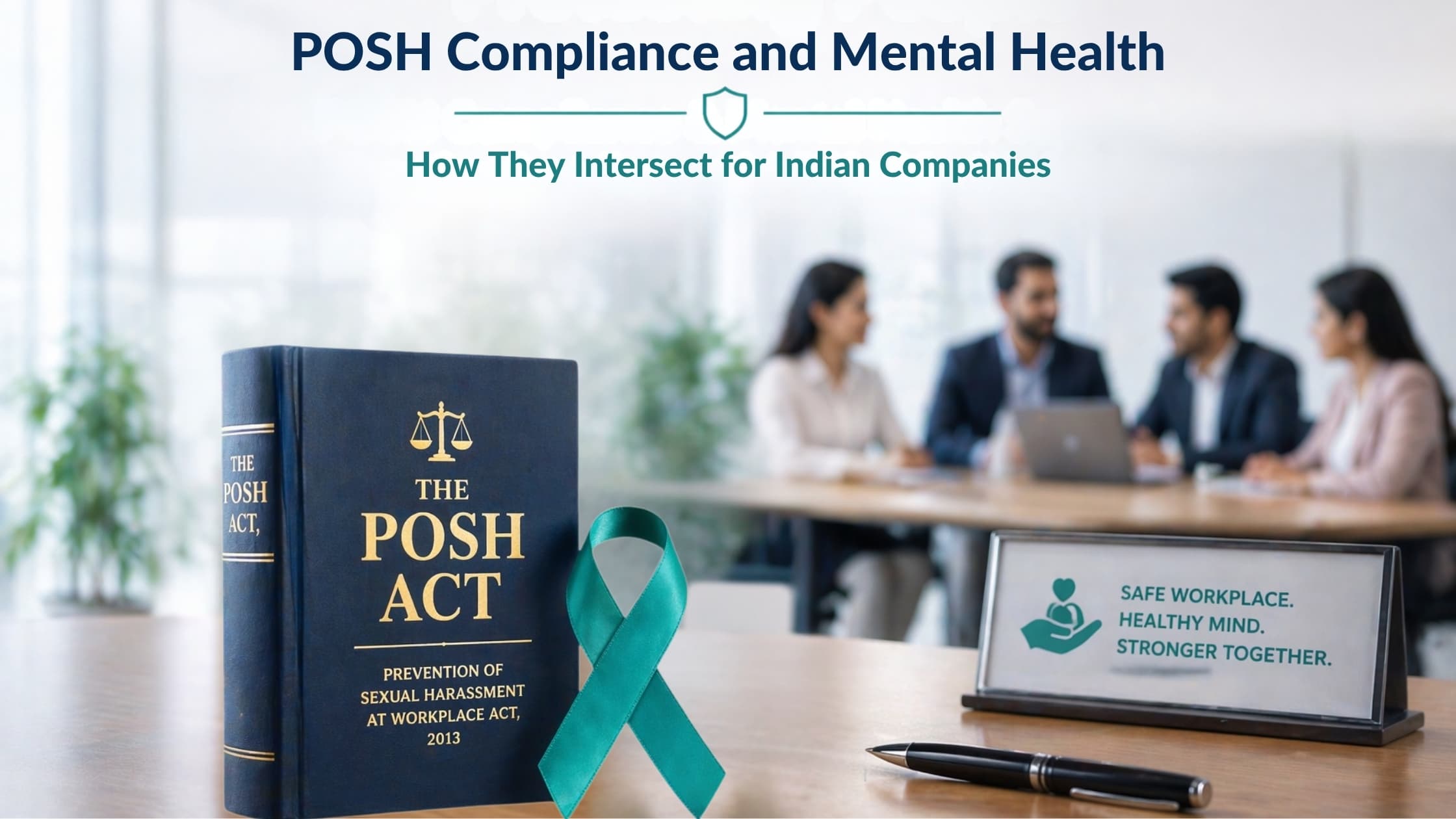POSH Act law book beside mental health ribbon representing intersection of compliance and employee wellbeing