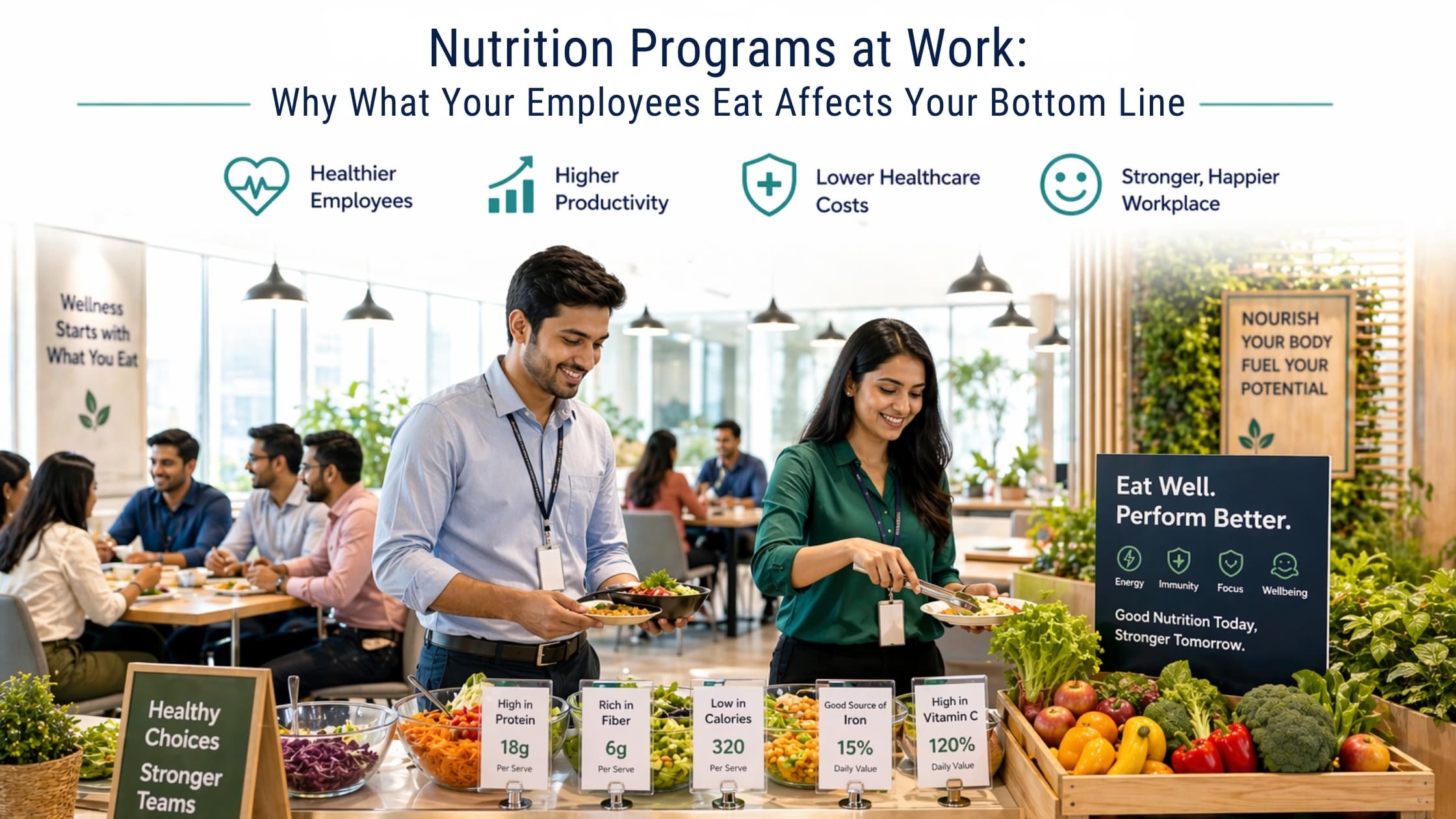 Modern Indian corporate cafeteria with healthy food options and nutrition program materials displayed