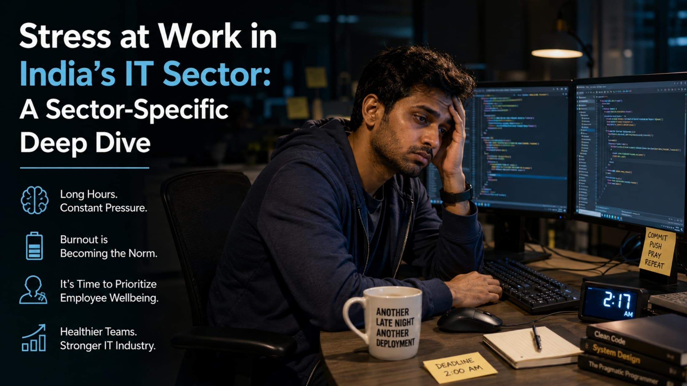 Exhausted Indian IT professional at workstation late at night representing IT sector stress and burnout