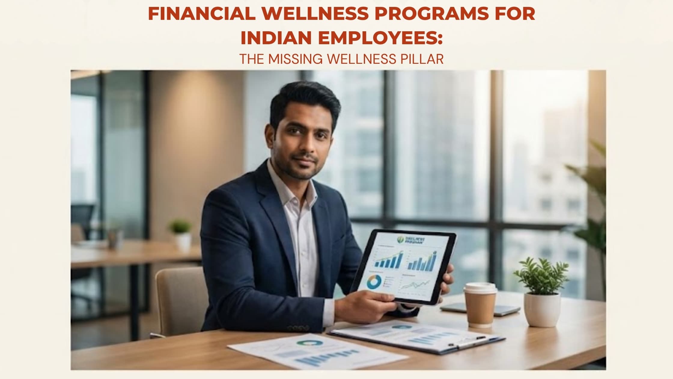Indian employee reviewing financial wellness resources on tablet as part of corporate financial wellness program