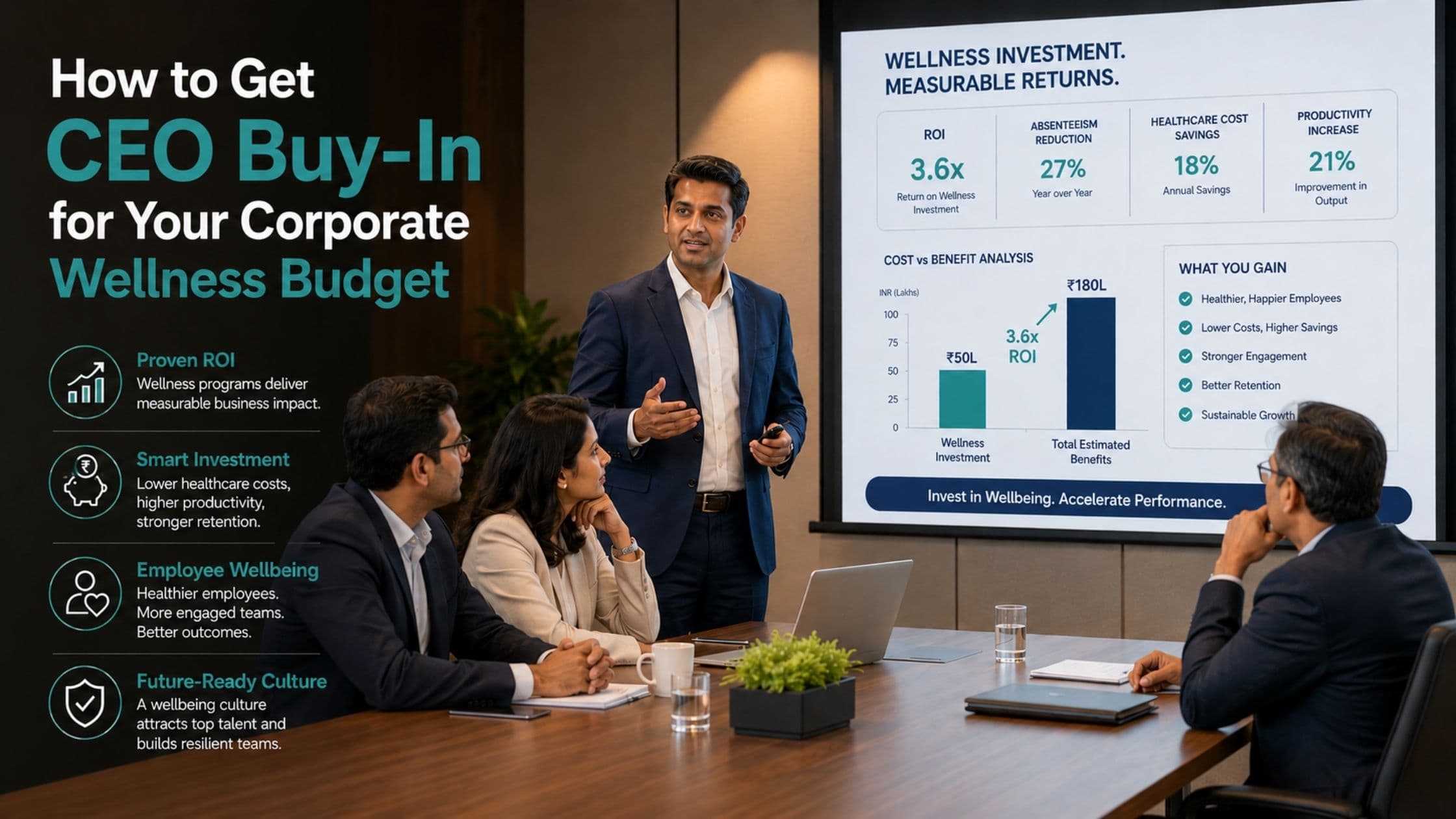 HR director presenting corporate wellness ROI business case to executives in Indian boardroom