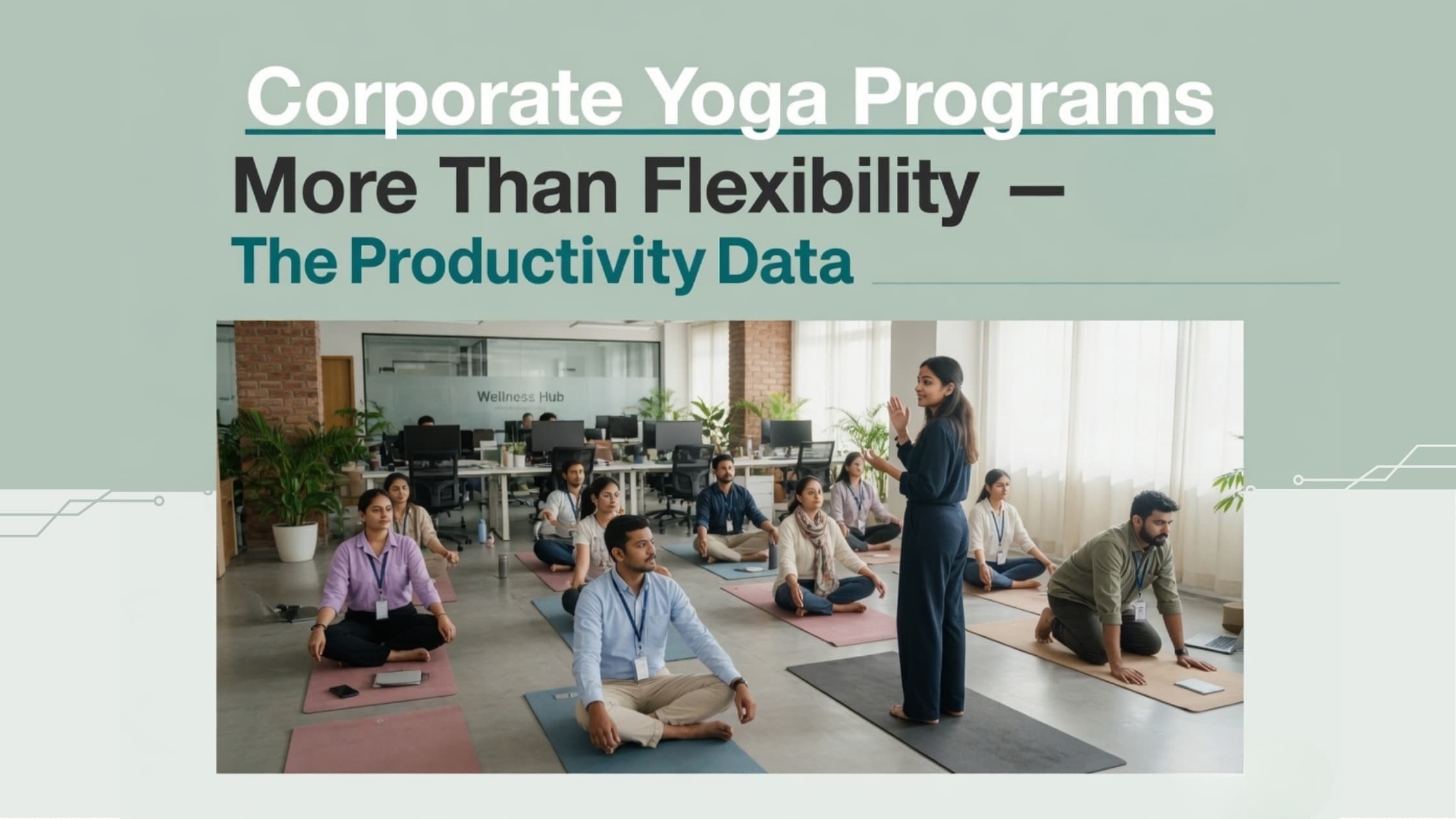 Indian corporate employees participating in office yoga session in modern open-plan workspace