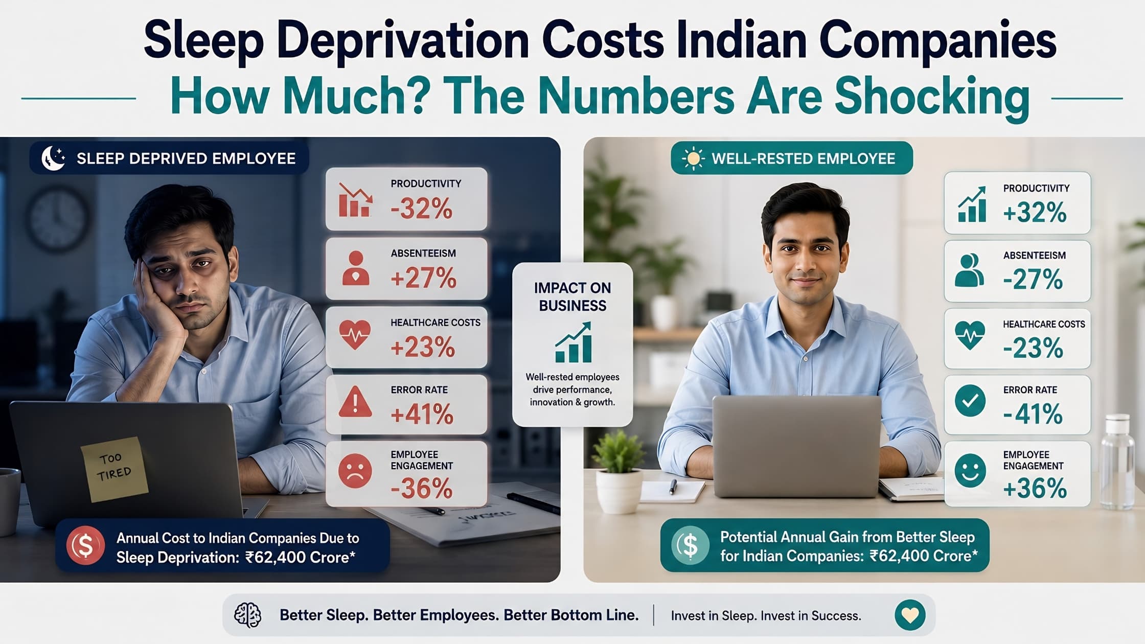 Comparison infographic showing productivity difference between sleep-deprived and well-rested corporate employees