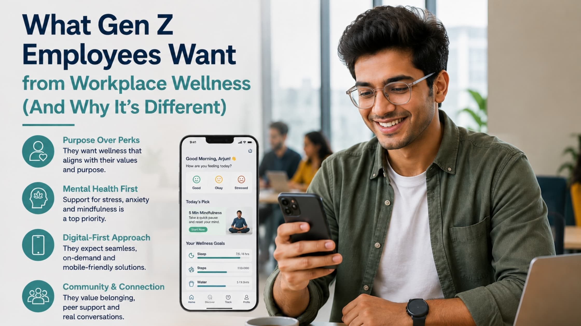 Young Indian Gen Z professional engaging with wellness app on smartphone in modern workplace