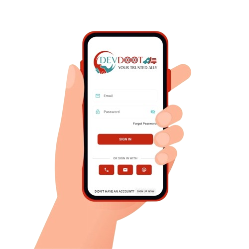 Download the Devdoot App on Mobile Hands holding a mobile phone displaying the Devdoot app